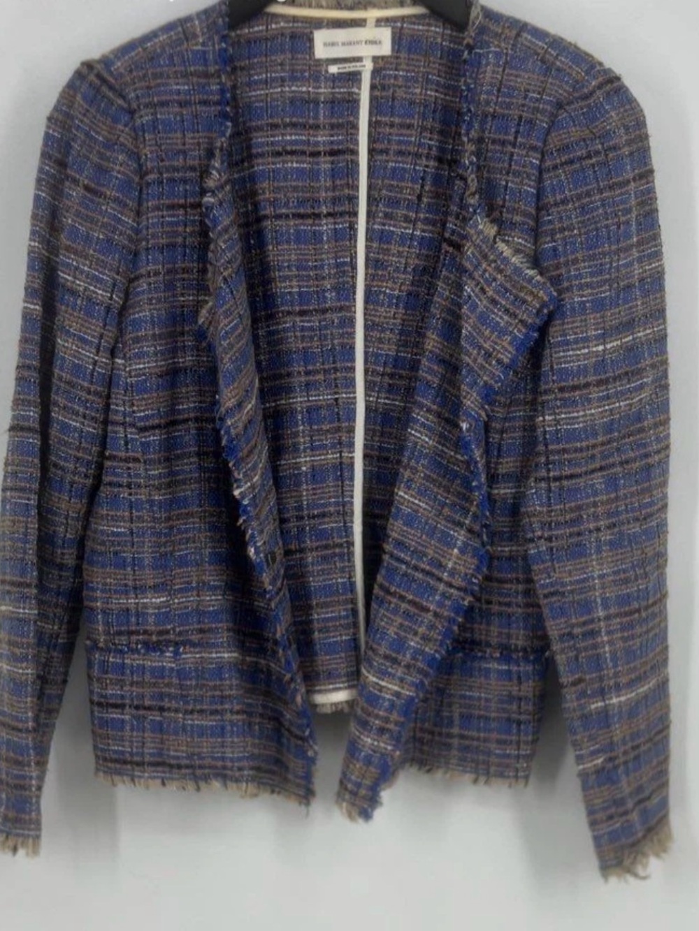 Isabel Marant Etoile Blue and Brown Plaid Tweed Open Blazer